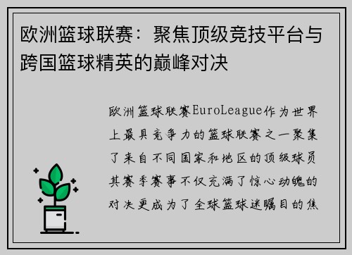欧洲篮球联赛：聚焦顶级竞技平台与跨国篮球精英的巅峰对决