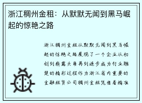 浙江稠州金租：从默默无闻到黑马崛起的惊艳之路