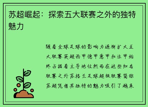苏超崛起:探索五大联赛之外的独特魅力 苏超崛起:探索五大联赛之外的独特魅力