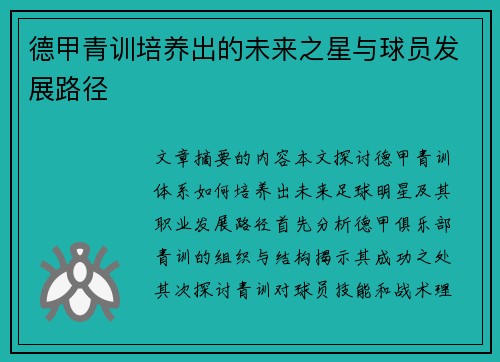 德甲青训培养出的未来之星与球员发展路径