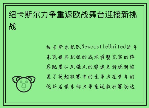 纽卡斯尔力争重返欧战舞台迎接新挑战 纽卡斯尔力争重返欧战舞台迎接新挑战